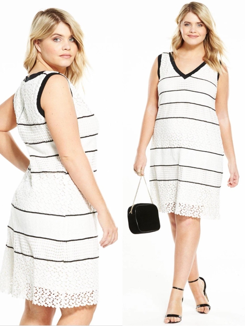 Elvi White Black Lace Trim Crotchet Sleeveless Shift Dress